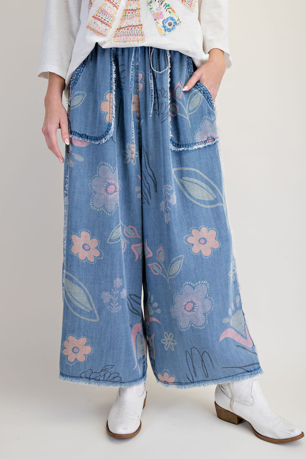Easel Washed Floral Print Chambray Pants in Light Denim