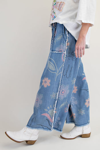 Easel Washed Floral Print Chambray Pants in Light Denim