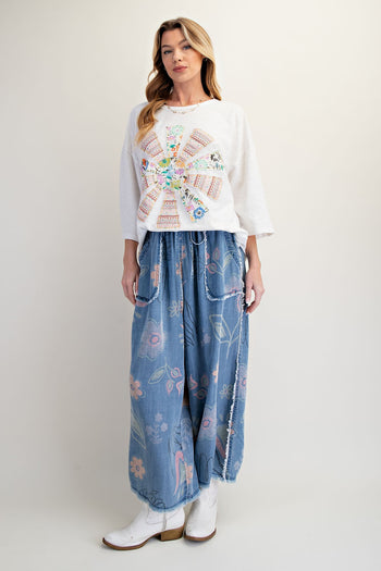 Easel Washed Floral Print Chambray Pants in Light Denim