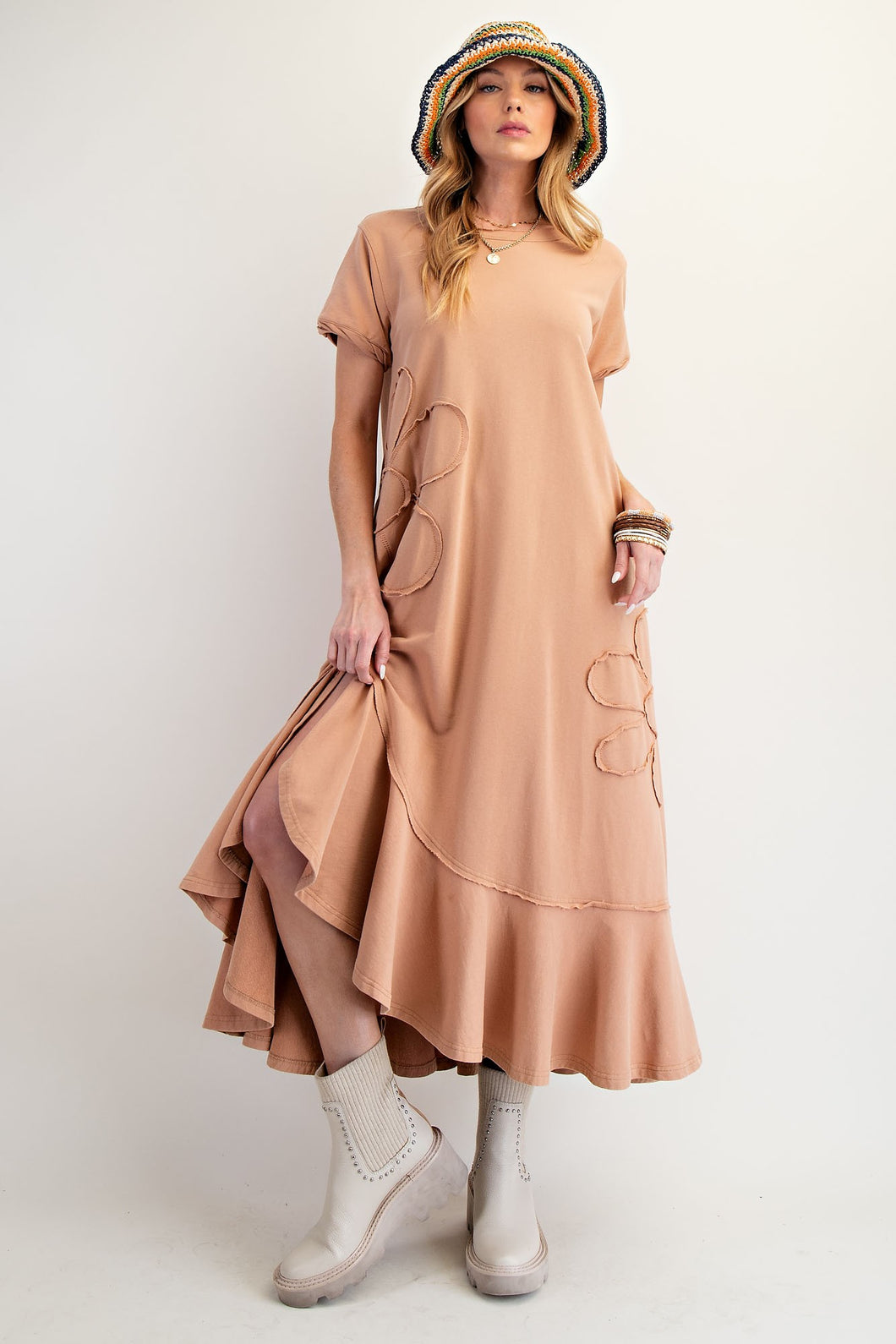 Easel Solid Color Knit Maxi Dress with Daisy Patches in Almond
