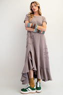 Easel Solid Color Mineral Washed Knit Maxi Dress with Daisy Patches in Ash