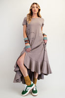 Easel Solid Color Mineral Washed Knit Maxi Dress with Daisy Patches in Ash