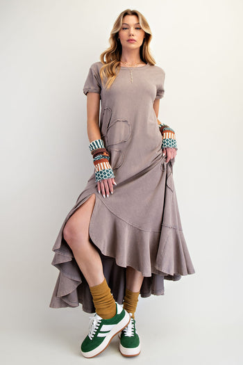 Easel Solid Color Mineral Washed Knit Maxi Dress with Daisy Patches in Ash