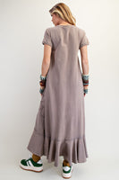 Easel Solid Color Mineral Washed Knit Maxi Dress with Daisy Patches in Ash