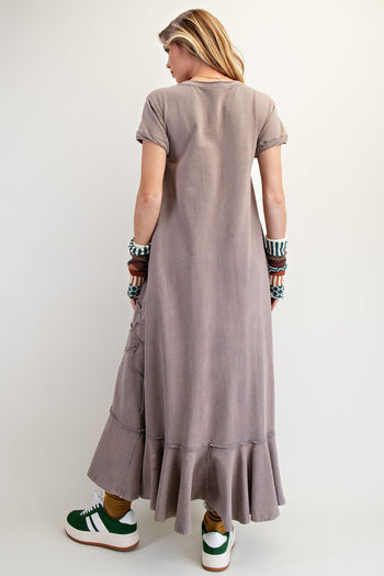 Easel Solid Color Mineral Washed Knit Maxi Dress with Daisy Patches in Ash