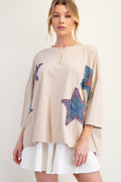 Easel OVERSIZED Multi Layered Star Patched Top in Khaki