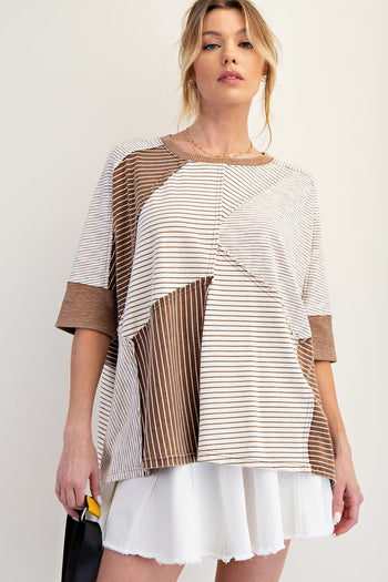 Easel OVERSIZED Mix n Match Stripes Boxy Knit Top in Chocolate