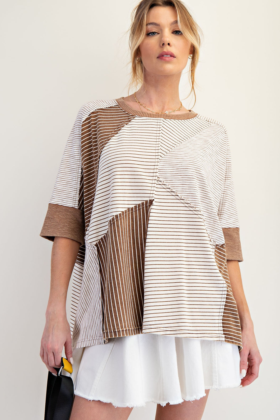Easel OVERSIZED Mix n Match Stripes Boxy Knit Top in Chocolate