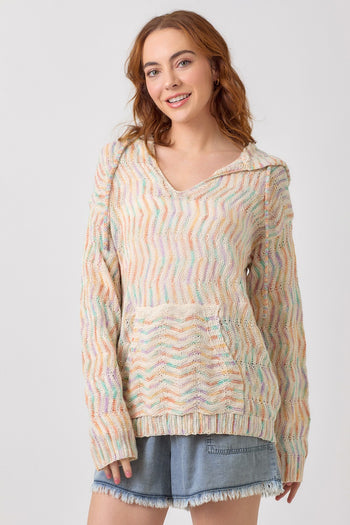 Mystree Multicolor Chevron Hoodie Sweater in Oatmeal Mix