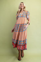GiGio Mixed Print Tiered Midi Dress in Peach Mix