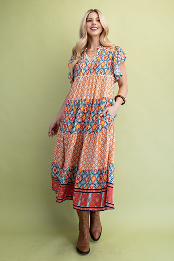 GiGio Mixed Print Tiered Midi Dress in Peach Mix