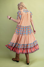 Load image into Gallery viewer, GiGio Mixed Print Tiered Midi Dress in Peach Mix
