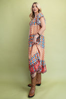 GiGio Mixed Print Tiered Midi Dress in Peach Mix