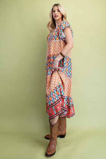 GiGio Mixed Print Tiered Midi Dress in Peach Mix