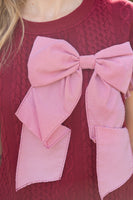 VOY Cable Knit Top with Striped Cuffs and Large Bow Front in Red