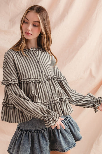 So Me Variegated Stripe Reversible Flowy Boho Top in Black