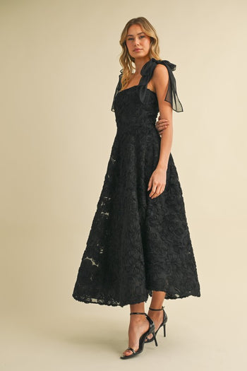 Klesis 3D Floral Lace Midi Dress in Black