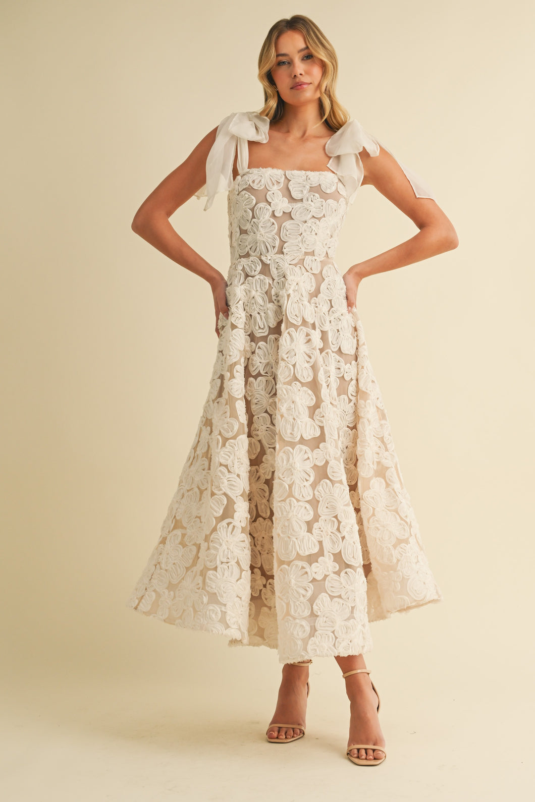 Klesis 3D Floral Lace Midi Dress in Cream