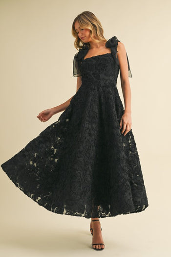 Klesis 3D Floral Lace Midi Dress in Black