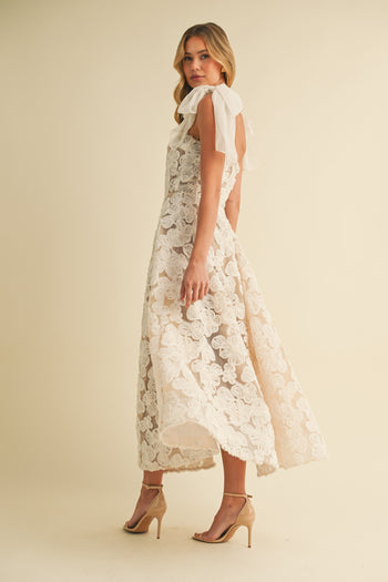 Klesis 3D Floral Lace Midi Dress in Cream