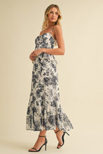 Load image into Gallery viewer, Klesis Floral Print Bustier Peplum Top Midi Dress in Black
