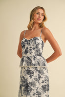 Klesis Floral Print Bustier Peplum Top Midi Dress in Black