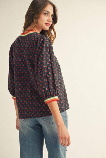Jodifl Cherry Print Top with Multi Color Stripe Binding in Black