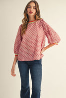 Jodifl Cherry Print Top with Multi Color Stripe Binding in Dusty Pink