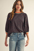 Jodifl Cherry Print Top with Multi Color Stripe Binding in Black