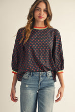 Load image into Gallery viewer, Jodifl Cherry Print Top with Multi Color Stripe Binding in Black
