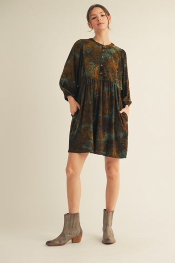 Jodifl Floral Velvet Jacquard Dress in Olive