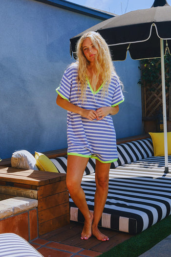 BucketList Striped Knit Romper in Blue/Neon Yellow