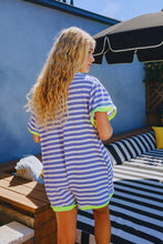 Load image into Gallery viewer, BucketList Striped Knit Romper in Blue/Neon Yellow
