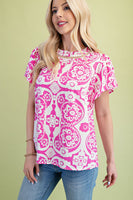 GiGio Two Toned Medallion Print Top in Fuchsia Mix