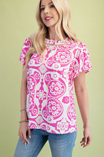 GiGio Two Toned Medallion Print Top in Fuchsia Mix