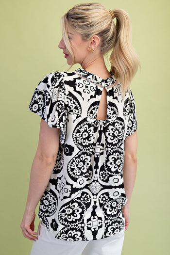 GiGio Two Toned Medallion Print Top in Black Mix