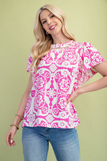 GiGio Two Toned Medallion Print Top in Fuchsia Mix