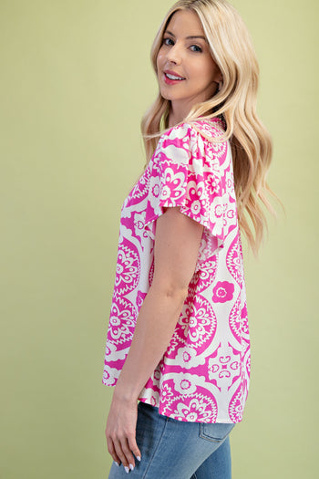 GiGio Two Toned Medallion Print Top in Fuchsia Mix
