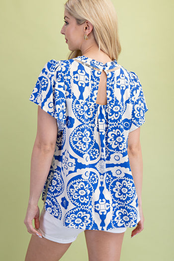 GiGio Two Toned Medallion Print Top in Royal Blue Mix