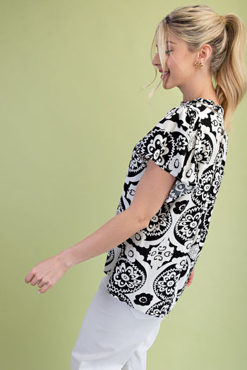 GiGio Two Toned Medallion Print Top in Black Mix