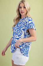 Load image into Gallery viewer, GiGio Two Toned Medallion Print Top in Royal Blue Mix
