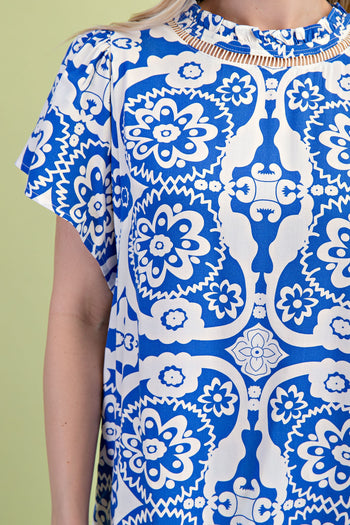 GiGio Two Toned Medallion Print Top in Royal Blue Mix