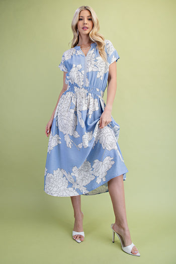 GiGio Floral Print Midi Dress in Misty Blue Mix