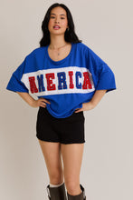 Load image into Gallery viewer, Le Lis OVERSIZED Semi CROPPED Top with Chenille and Rhinestone AMERICA Patches in Blue-White
