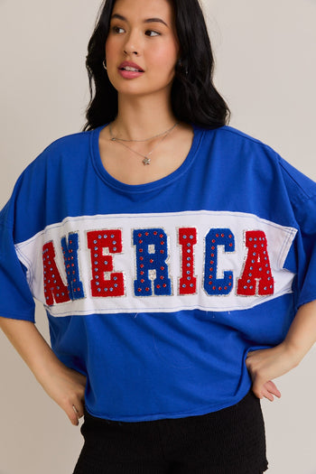 Le Lis OVERSIZED Semi CROPPED Top with Chenille and Rhinestone AMERICA Patches in Blue-White