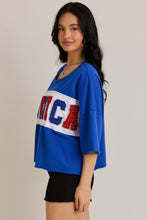 Load image into Gallery viewer, Le Lis OVERSIZED Semi CROPPED Top with Chenille and Rhinestone AMERICA Patches in Blue-White

