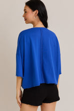 Load image into Gallery viewer, Le Lis OVERSIZED Semi CROPPED Top with Chenille and Rhinestone AMERICA Patches in Blue-White
