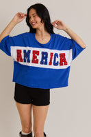 Le Lis OVERSIZED Semi CROPPED Top with Chenille and Rhinestone AMERICA Patches in Blue-White