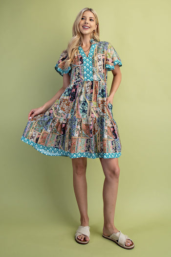 GiGio Mixed Print Mini Dress in Jade Mix