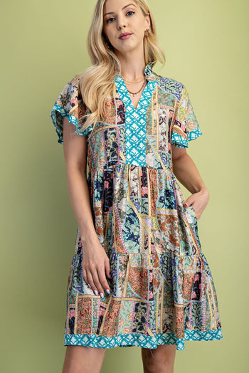GiGio Mixed Print Mini Dress in Jade Mix